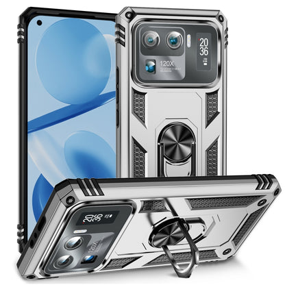 Shockproof phone case with holder ring, silver TPU + PC shell, raised camera protection
