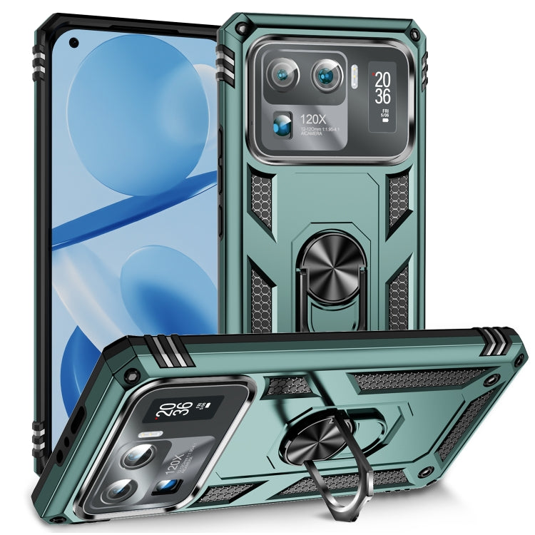 Shockproof phone case in dark green with dual-layer armor and built-in kickstand ring