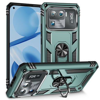 Shockproof phone case in dark green with dual-layer armor and built-in kickstand ring