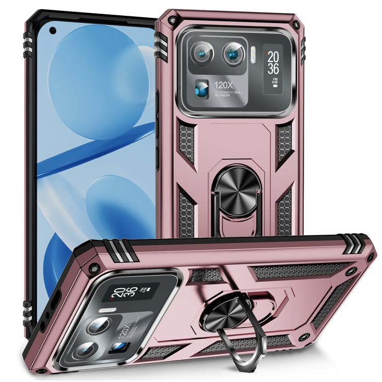 Shockproof phone case in rose gold with rugged armor design and built-in kickstand ring