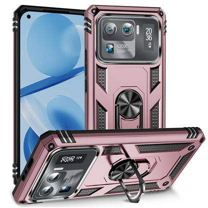 Shockproof phone case in rose gold with rugged armor design and built-in kickstand ring