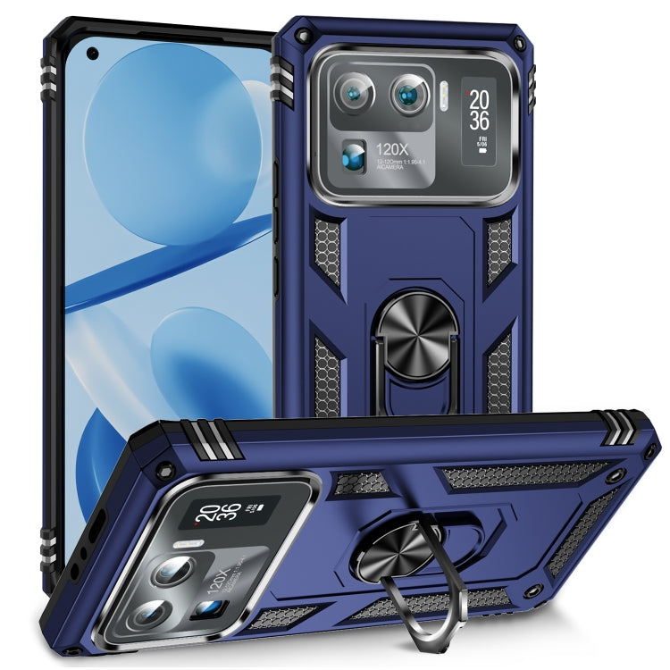 Shockproof phone case in blue with rugged armor and built-in kickstand ring