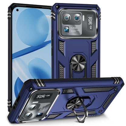 Shockproof phone case in blue with rugged armor and built-in kickstand ring