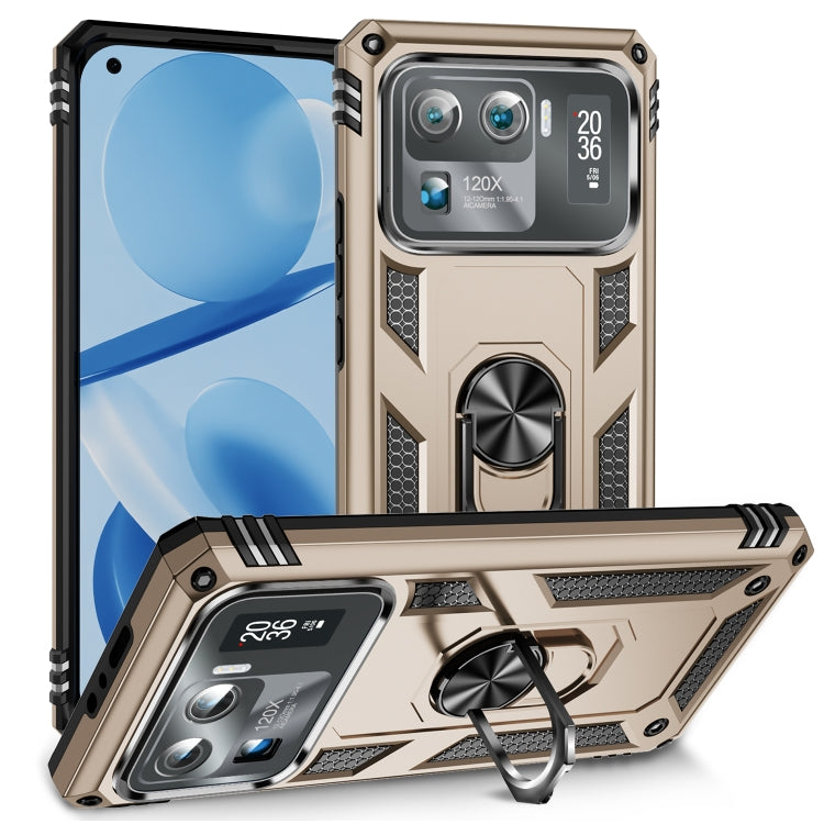 Shockproof phone case in gold with rugged armor and built-in kickstand ring