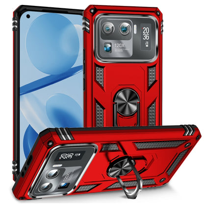 Shockproof phone case in red with rugged armor and built-in kickstand ring