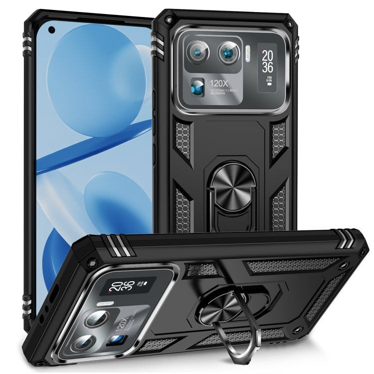 Shockproof phone case in black with rugged armor and built-in kickstand ring