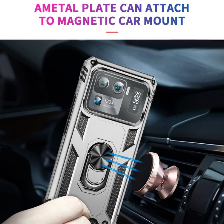 Silver shockproof phone case with magnetic car mount plate and metal ring stand