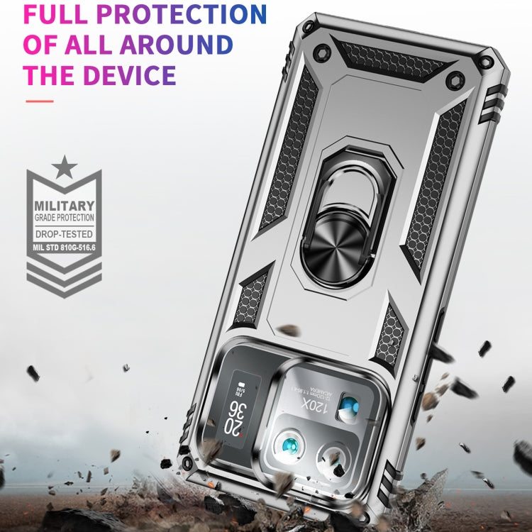 Silver shockproof phone case with metal ring kickstand and rugged edge protection