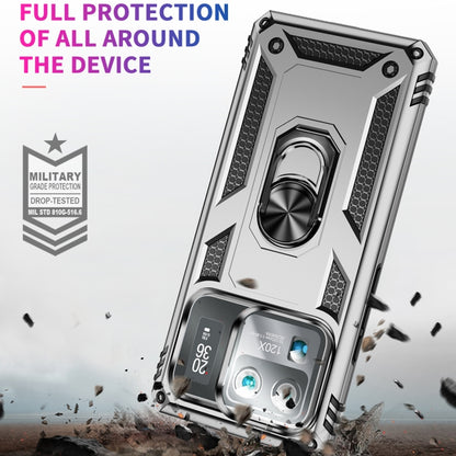 Silver shockproof phone case with metal ring kickstand and rugged edge protection