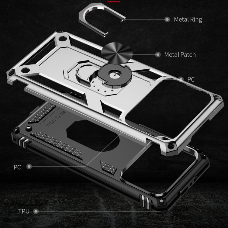 Shockproof phone case parts with metal ring, TPU, and PC armor panels