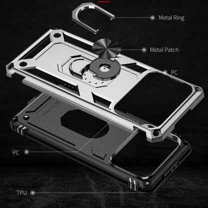 Shockproof phone case parts with metal ring, TPU, and PC armor panels