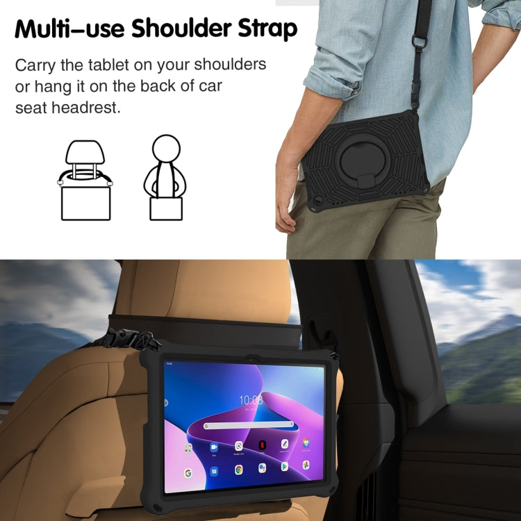 Black silicone tablet case with adjustable shoulder strap for hands-free carrying