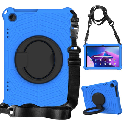 Blue silicone protective tablet case with shoulder strap and kickstand for viewing