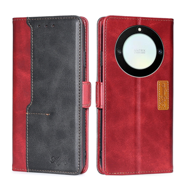 Red and black leather wallet phone case with side buckle and camera-ring detail