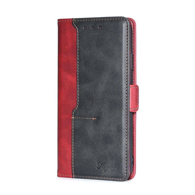 Red and black leather flip phone case with side buckle, front cover view