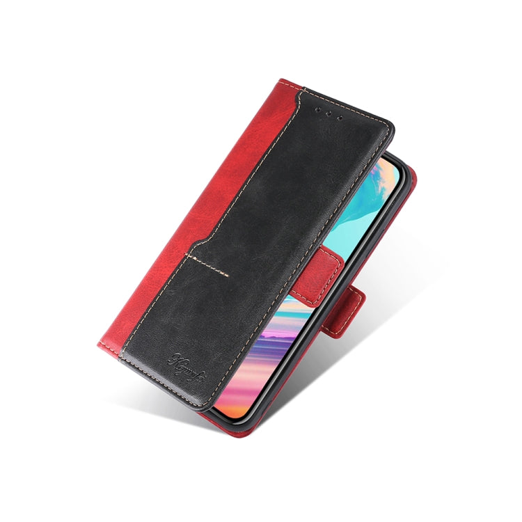 Red and black leather wallet phone case with side buckle, angled front and back