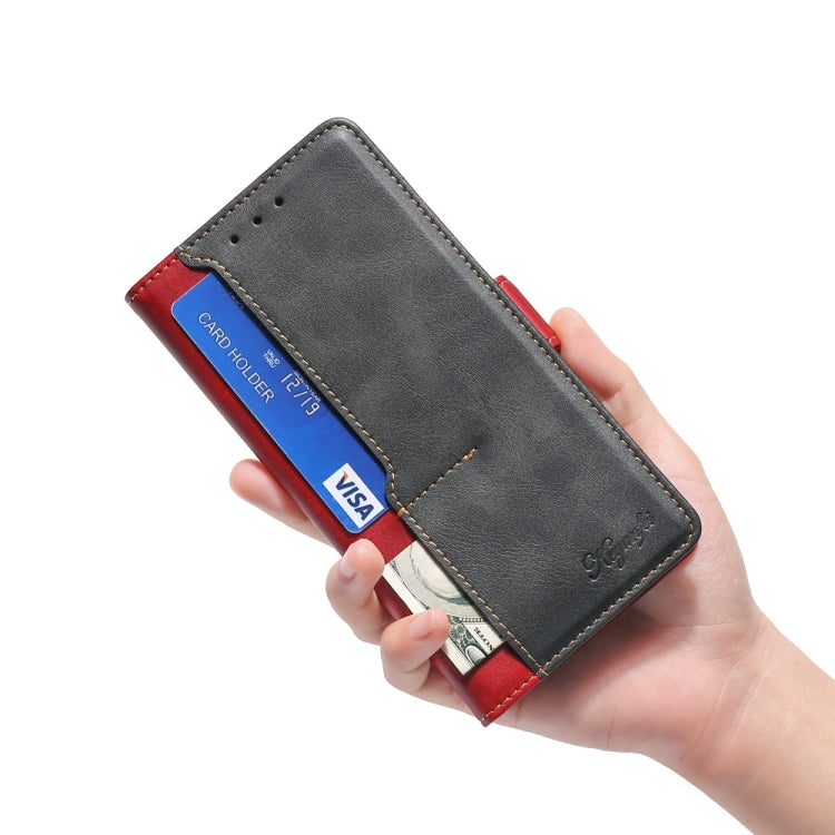 Leather wallet phone case with side buckle; card pocket holds a blue card