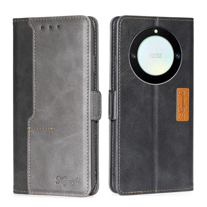 Black and gray leather wallet phone case with side buckle and camera-ring detail