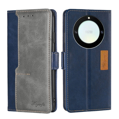 Blue and gray leather wallet phone case with side buckle and camera-ring detail