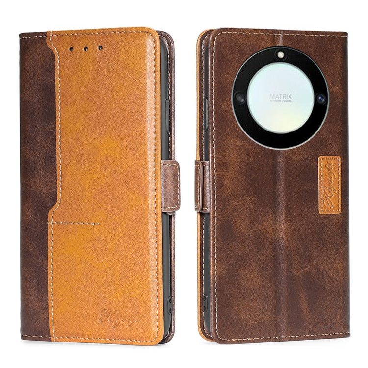Brown and tan leather wallet phone case with side buckle and camera-ring detail