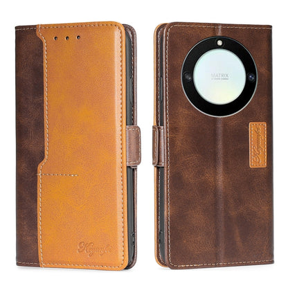 Brown and tan leather wallet phone case with side buckle and camera-ring detail