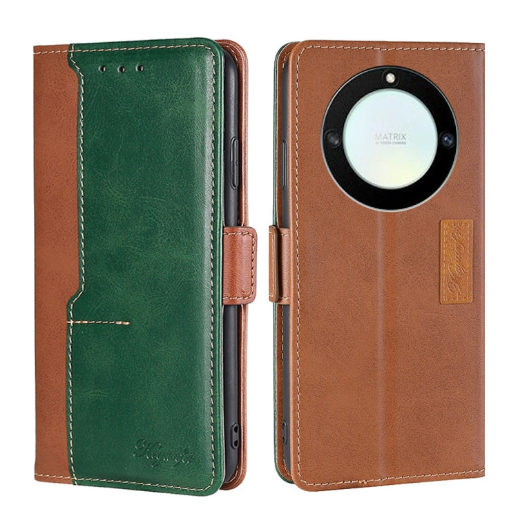 Green and brown leather wallet phone case with side buckle and camera-ring detail