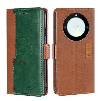 Green and brown leather wallet phone case with side buckle and camera-ring detail