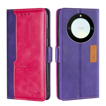 Purple and pink leather wallet phone case with side buckle and camera-ring detail