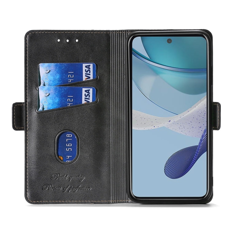 Black leather phone case wallet with card slots and side strap, open flip