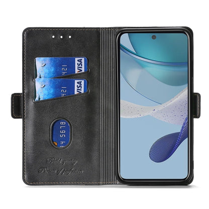 Black leather phone case wallet with card slots and side strap, open flip