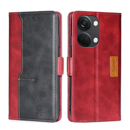 Red and black leather flip phone case with side buckle and dual-camera cutout