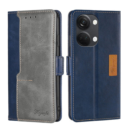 Blue and gray leather phone case with side buckle, stitched edges, flip cover