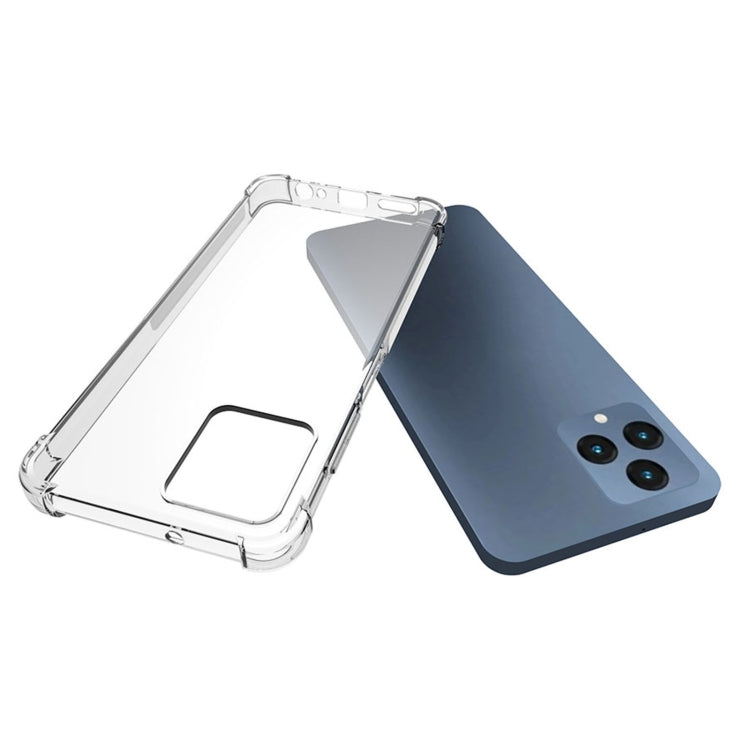 Clear TPU phone case with raised bumper corners; camera cutout visible