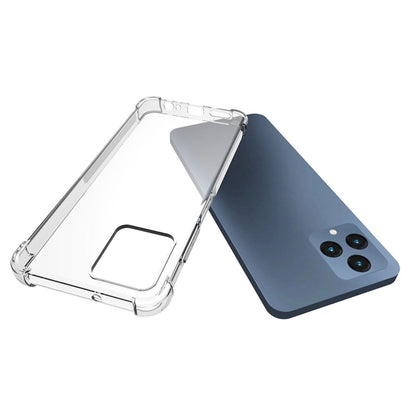 Clear TPU phone case with raised bumper corners; camera cutout visible