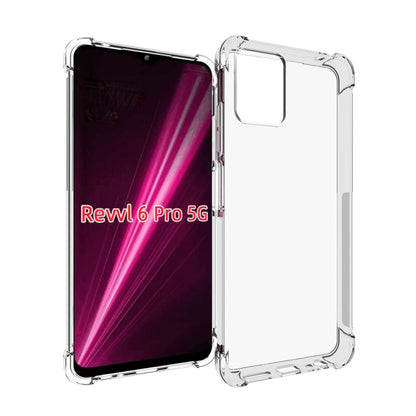 Shockproof TPU phone case, clear back cover with raised edges; front and rear views