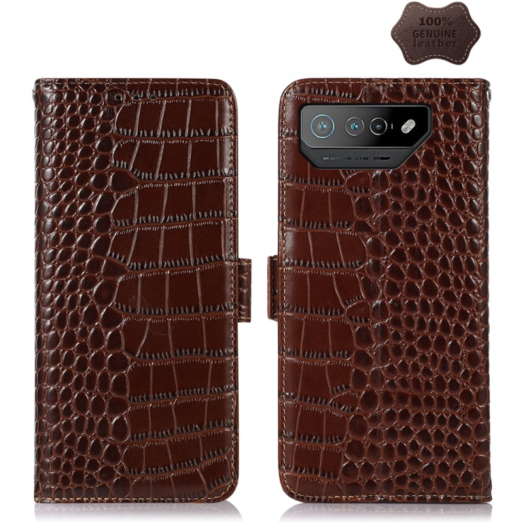 Crocodile leather phone case in brown, flip wallet style with magnetic closure