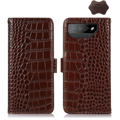 Crocodile leather phone case in brown, flip wallet style with magnetic closure