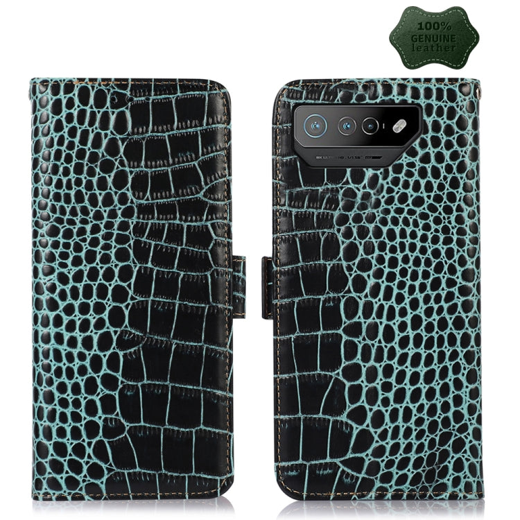 Crocodile leather phone case in green with flip cover and magnetic closure