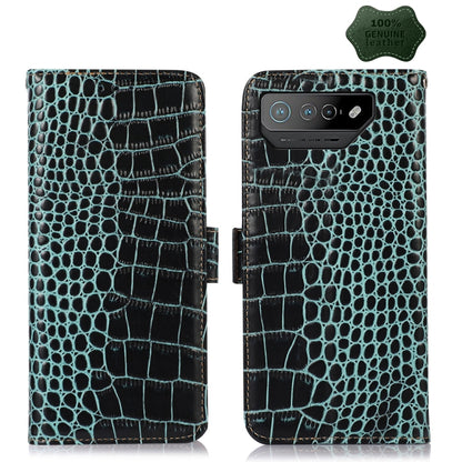 Crocodile leather phone case in green with flip cover and magnetic closure