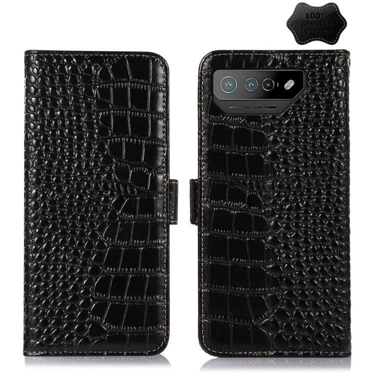 Crocodile leather phone case in black with flip cover and textured scale pattern