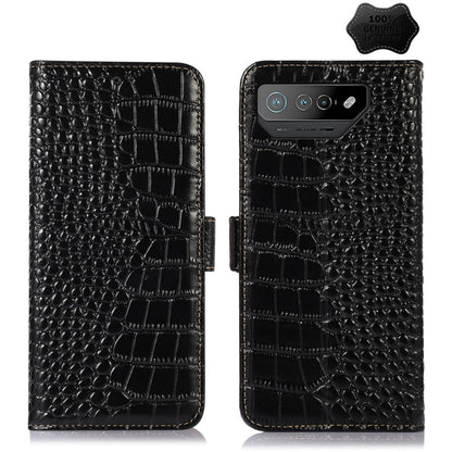 Crocodile leather phone case in black with flip cover and textured scale pattern