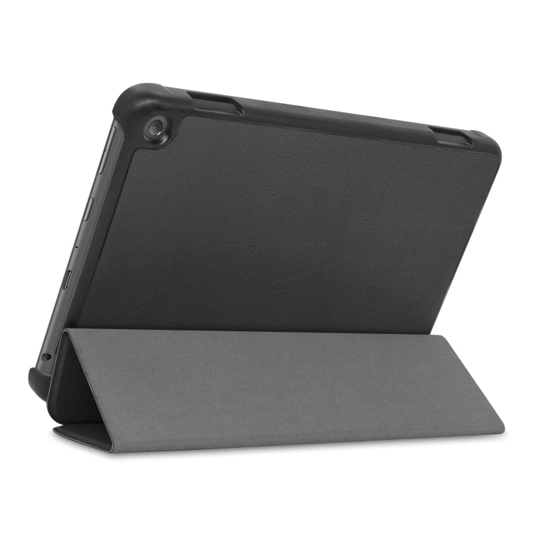 Black leather folio case folded into viewing stand, tablet back shown