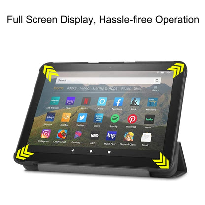 Black leather folio case showing tablet screen on stand, front view