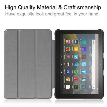 Black leather tri-fold tablet case with tablet screen, front cover open