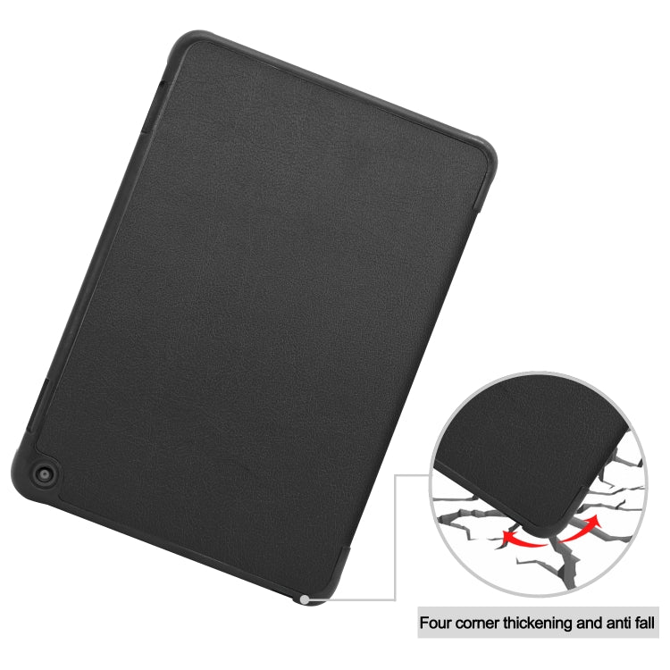 Black leather tablet case with reinforced corners, tablet angled on stand