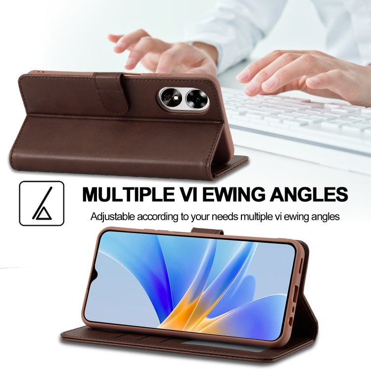 Brown flip leather wallet phone case with horizontal stand and dual-camera cutout