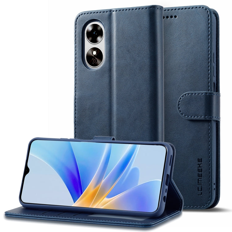 Blue flip leather wallet phone case with side strap and dual-camera cutout