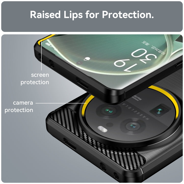 Black TPU phone case with raised lips and carbon-fiber texture for screen and camera protection