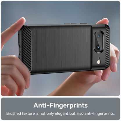 Carbon fiber textured TPU phone case held in hands, showing rear camera and side buttons