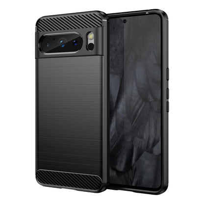 Black carbon fiber textured TPU phone case with open-front view and camera cutout